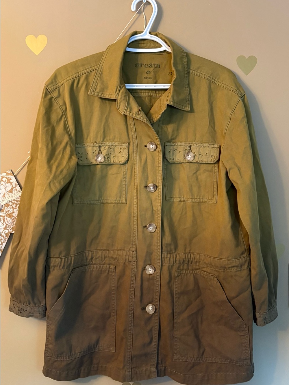 Cream Denim Oversized Ombré Green Utility Jacket Eyelet Patches Sz 38/S